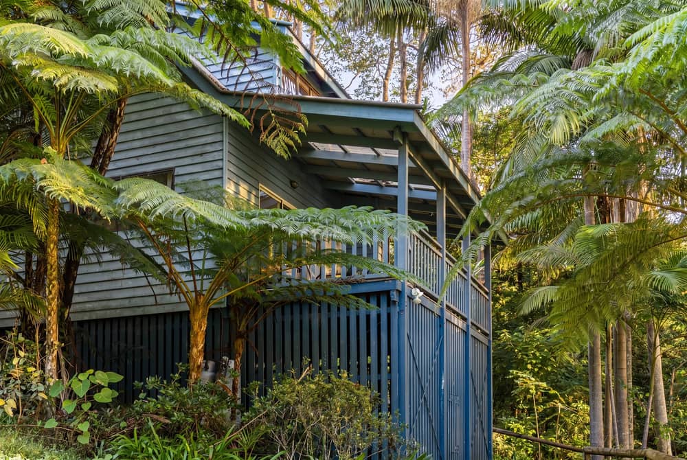 Two-storey timber cabin with an upper deck among dense hinterland vegetation