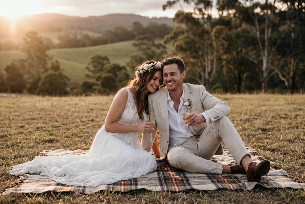 Bride and groom sitting together on a blanket overlooking a forested valley