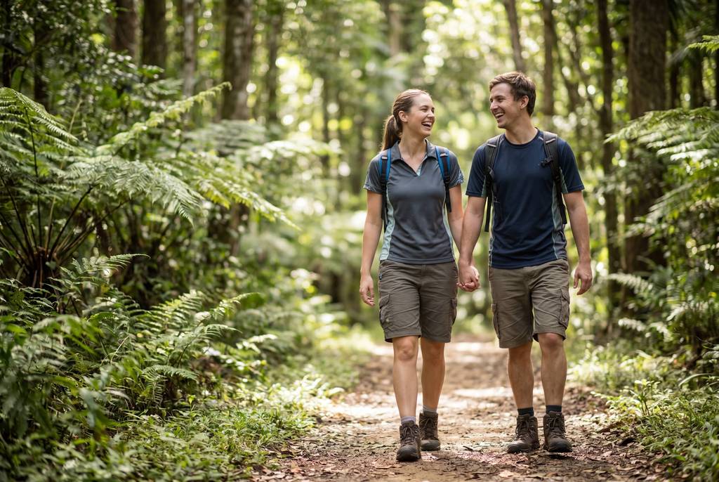 A couple holding hands walking the rainforest track through piccabeen palms