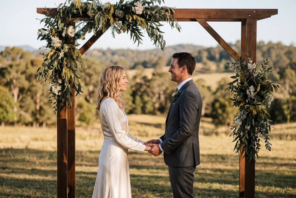 Couple holding hands beneath a timber arch decorated with foliage in a hinterland setting