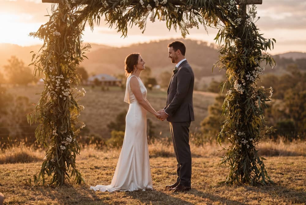 Couple standing under a timber ceremony arch at sunset with bushland behind
