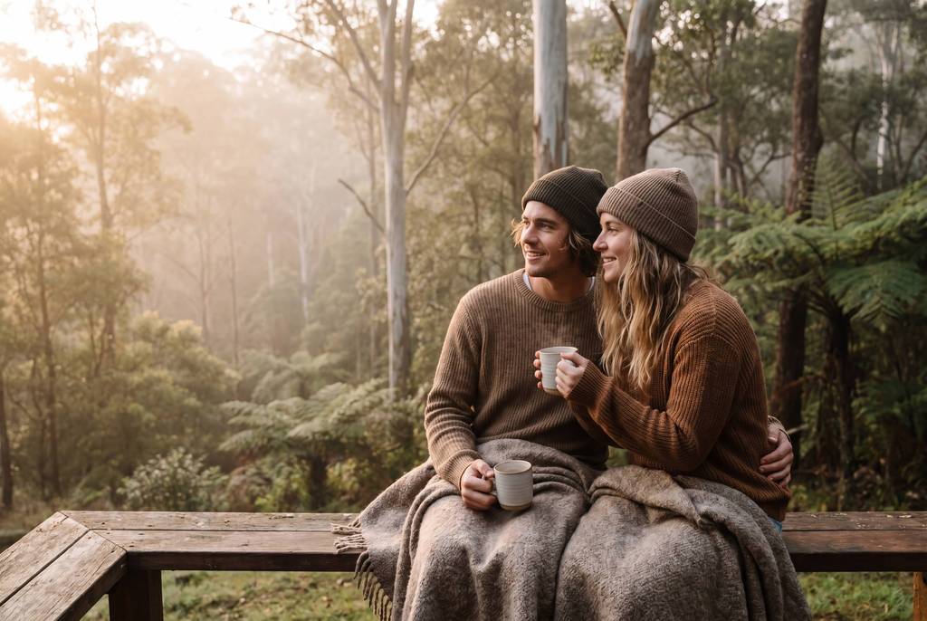 Couple with coffee cups on a timber bench overlooking the forested hinterland