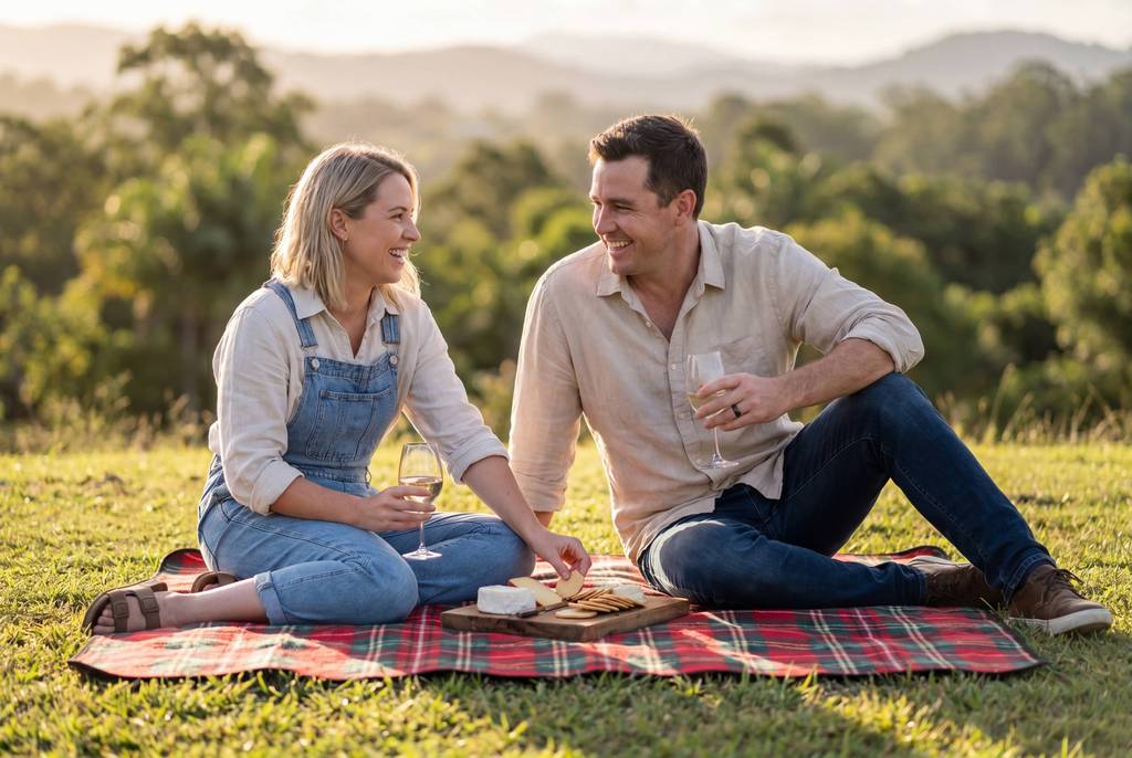 Couple sitting on a tartan blanket with wine glasses and hinterland hills beyond