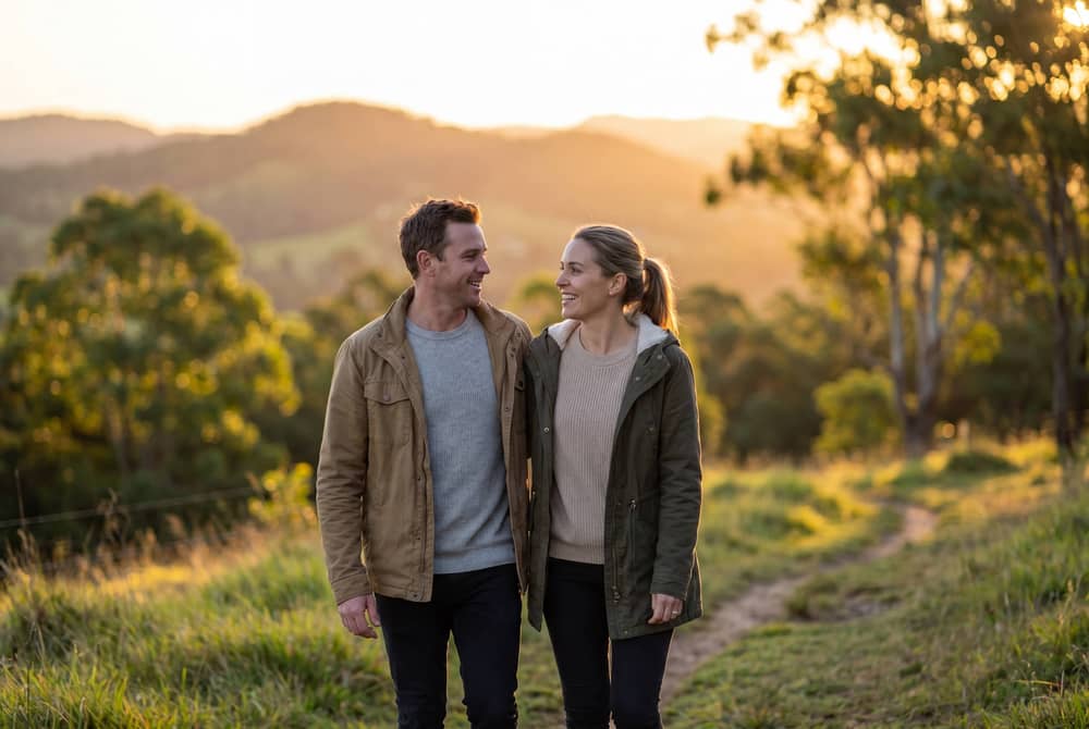 Couple walking together along a path through hinterland bushland