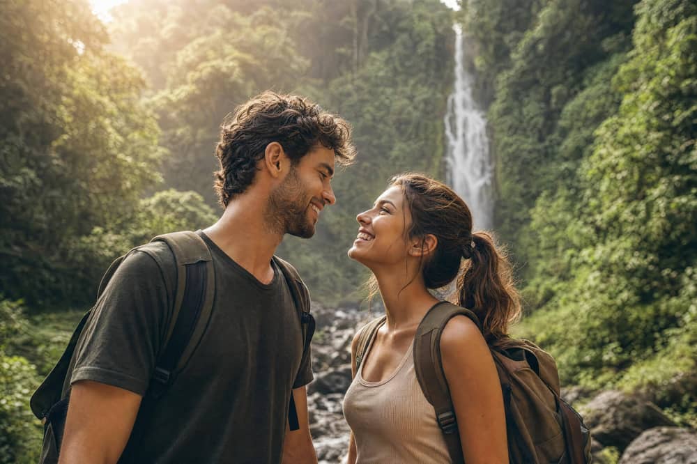 Couple hiking through a rainforest valley with a waterfall behind them