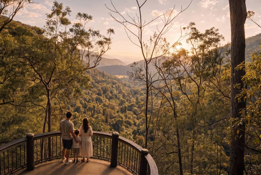 People on a timber balcony overlooking hinterland forest and distant hills