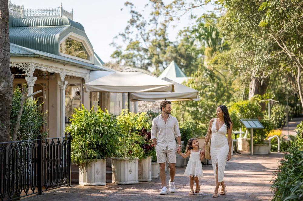 Family walking through Montville village