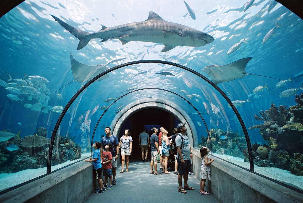Visitors beneath sharks and rays in an aquarium tunnel