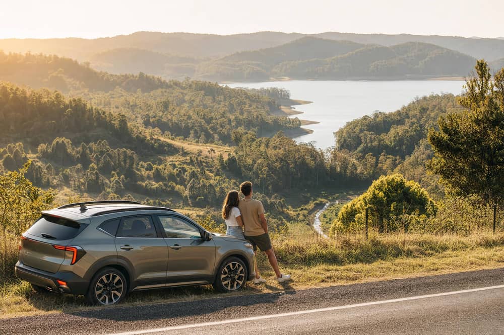 Car parked at a scenic hinterland lookout overlooking valleys and a lake