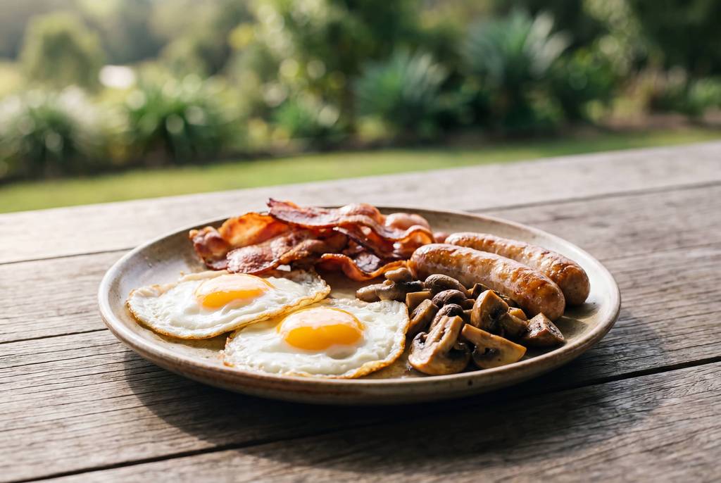 Fried eggs, bacon strips and sautéed mushrooms on timber table