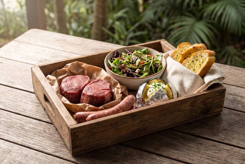 Timber BBQ hamper with steaks, sausages, salad, bread and dip laid out outdoors
