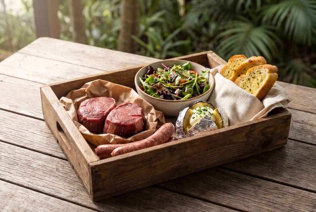 Wooden hamper with steaks, sausage, salad, bread and dip outdoors