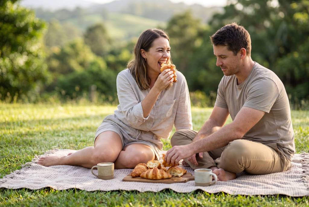 Couple sharing croissants on a blanket with hinterland bushland behind them