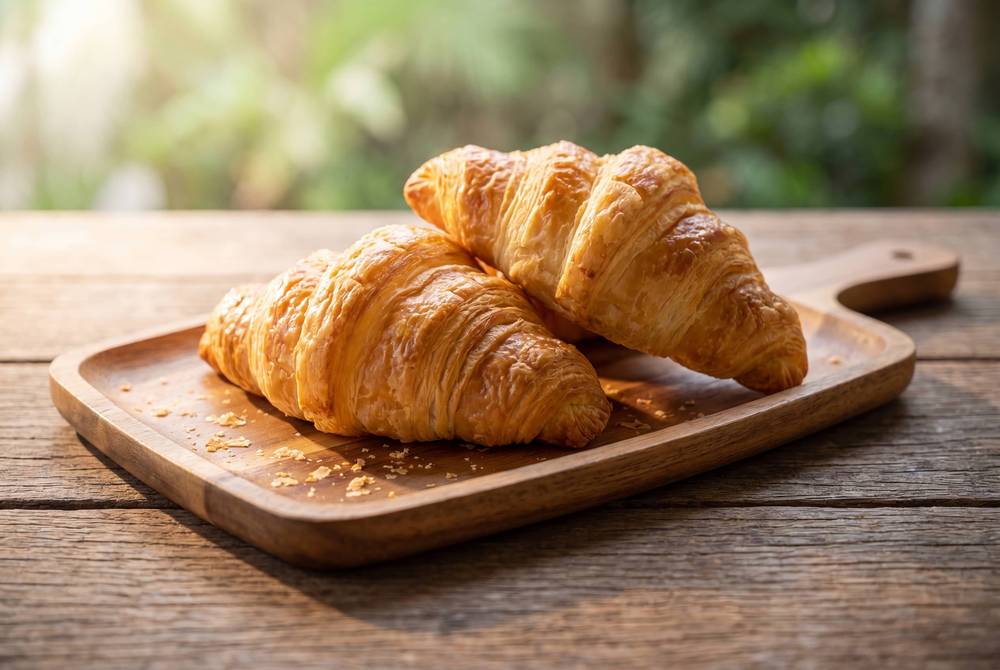 Three golden croissants on timber board with rainforest background