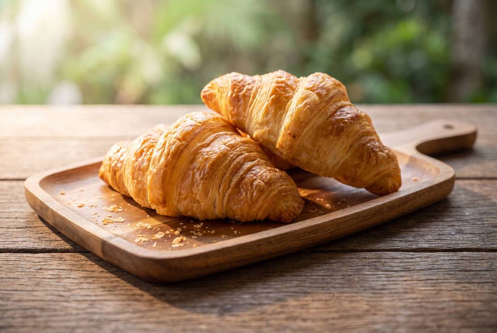 Fresh croissants on a timber board