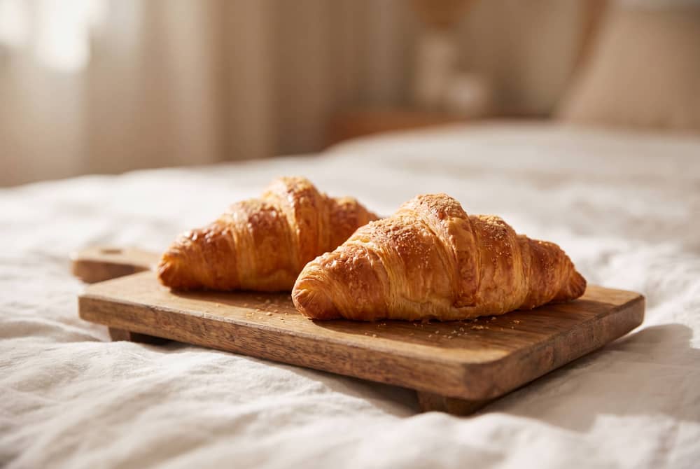Fresh croissants on a wooden board resting on white bedding