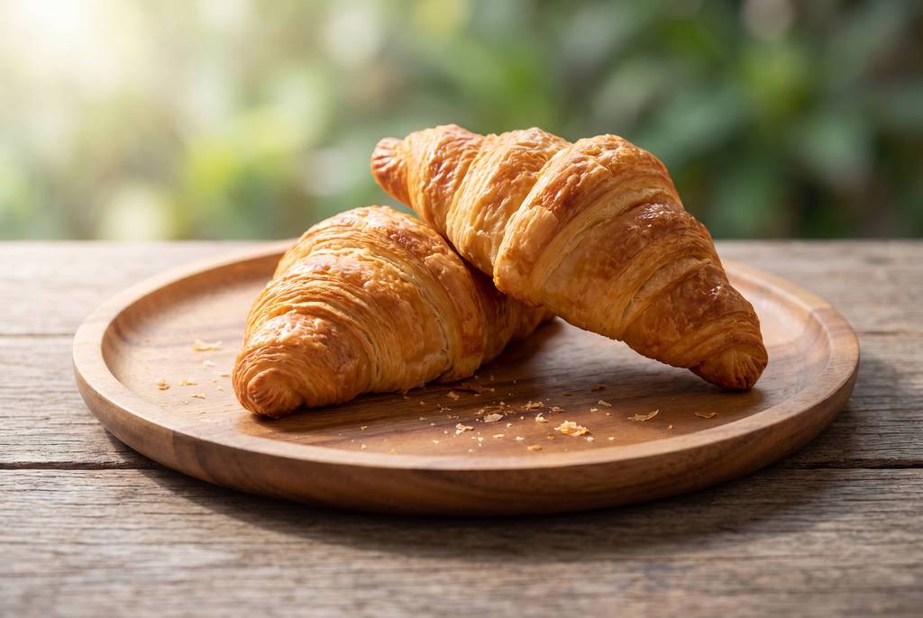 Two golden croissants on a wooden plate