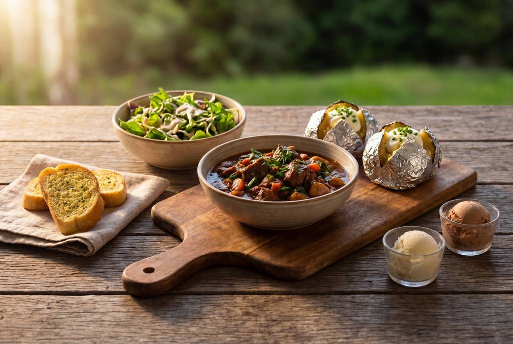 Beef stew with green salad, garlic bread and potatoes on wooden table