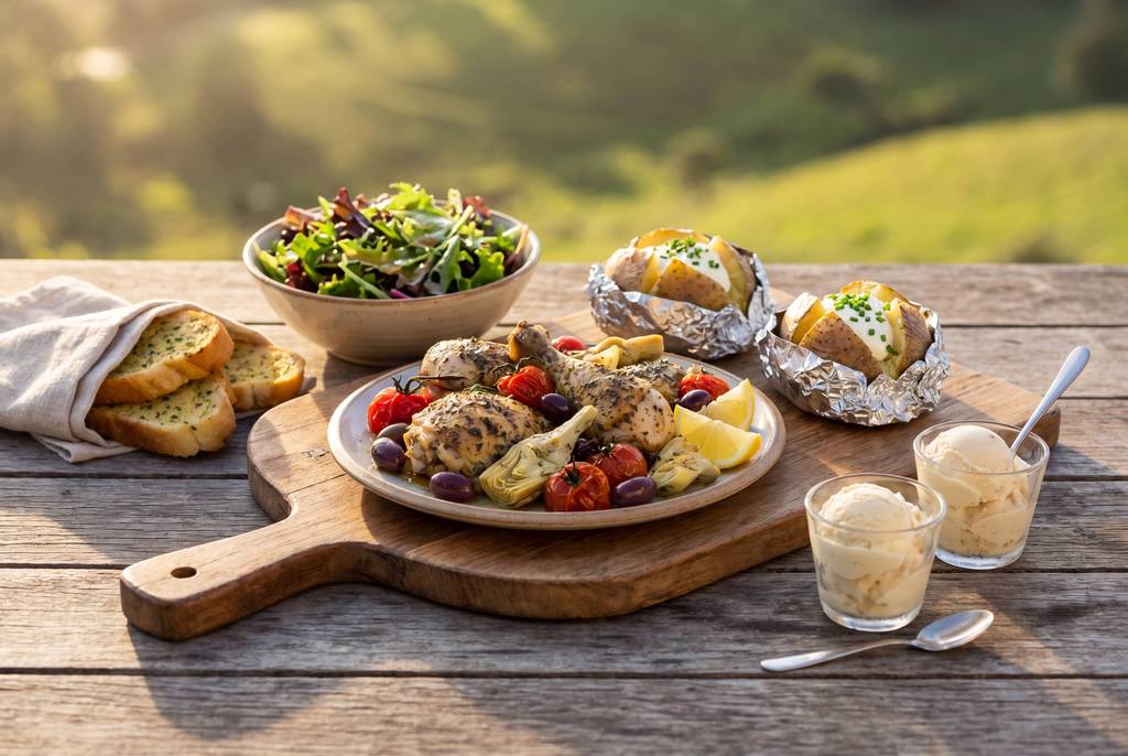 Roasted chicken, grilled vegetables and potatoes on wooden board with sides