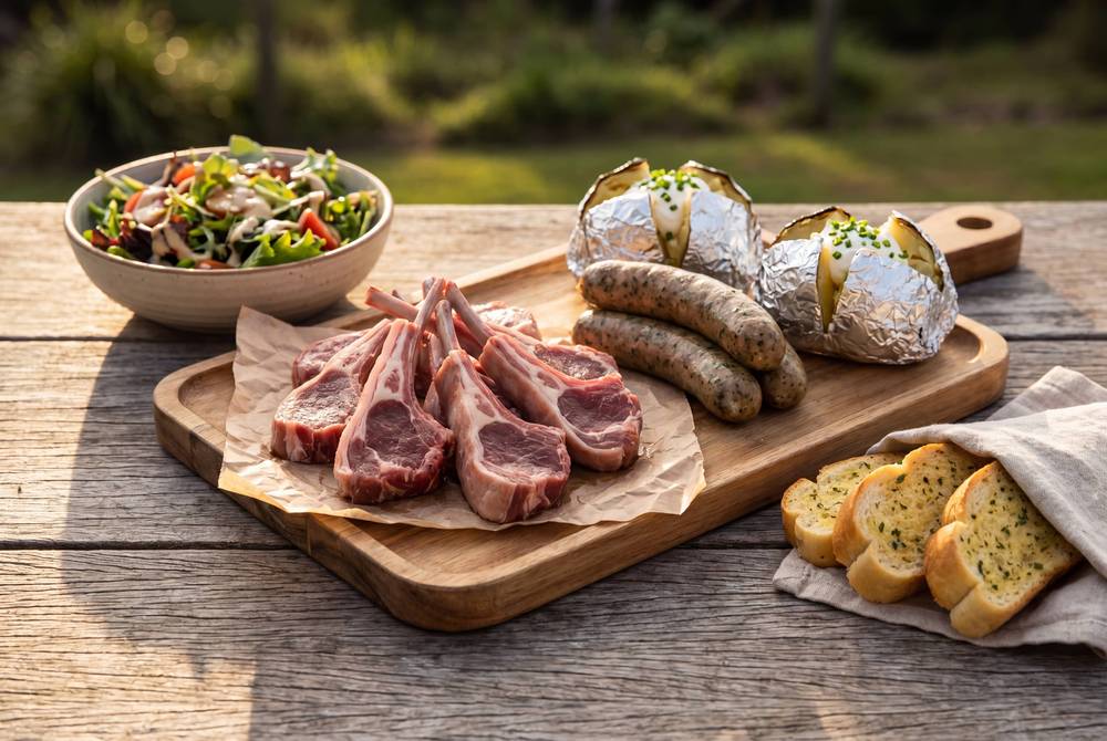 Lamb chops, sausages, baked potatoes and salad on wooden board