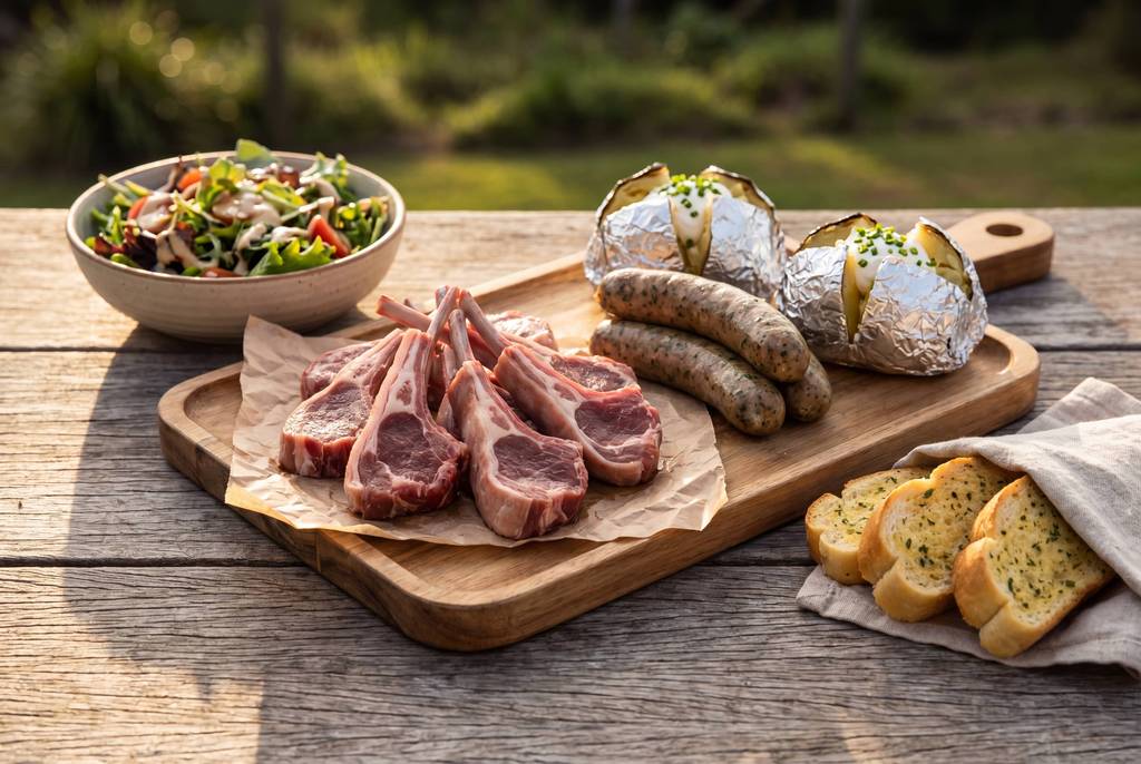Lamb chops, sausages, baked potatoes and salad on wooden board