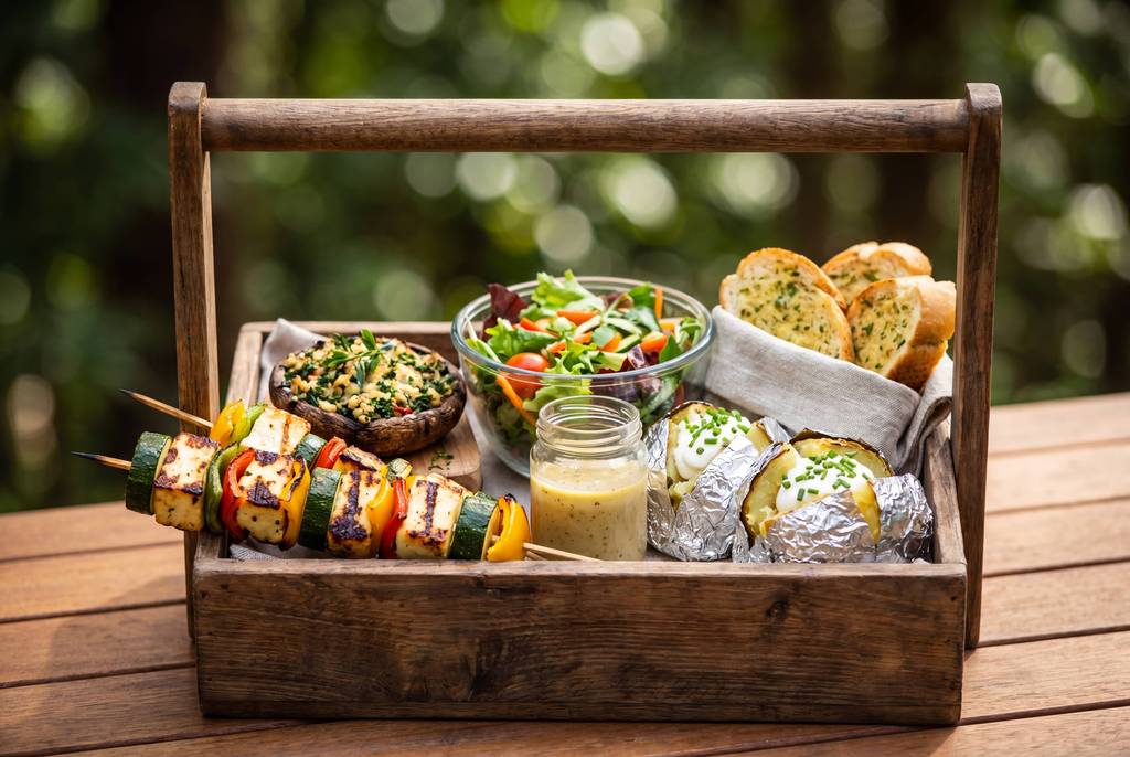 Vegetable skewers, dips, salad and bread in timber hamper basket